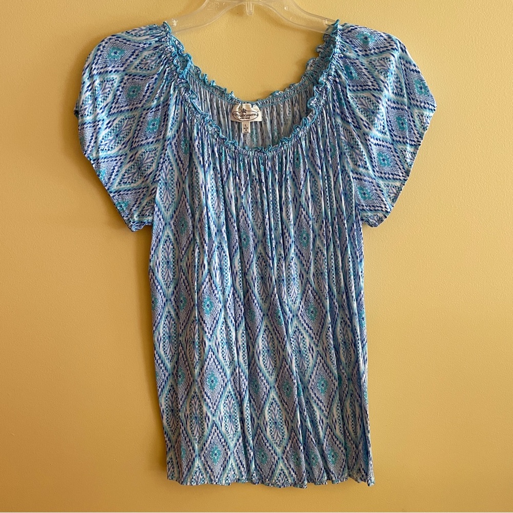 Grand & Greene Blue Turquoise White Print Peasant Top Size Large
